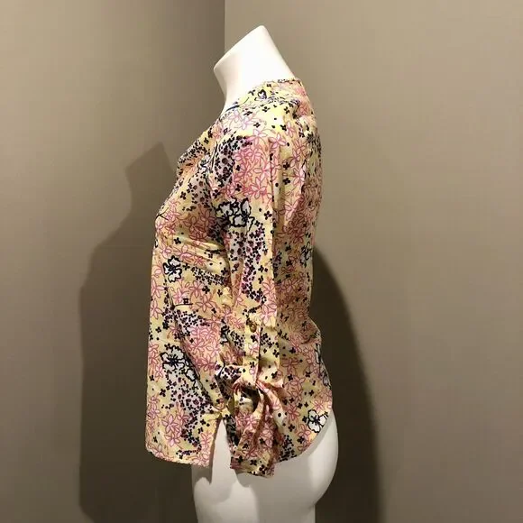 Lilly Pulitzer Blouse Tunic XS Multicolor Floral V Neck Empire Waist Roll Tab - Picture 2 of 10